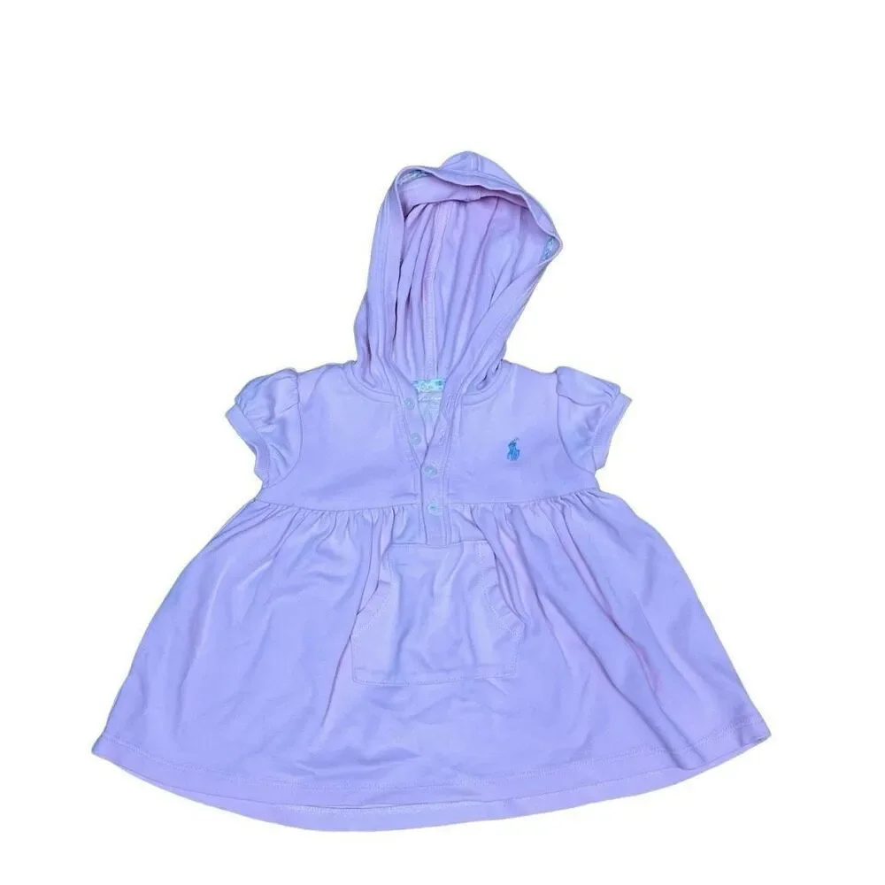 Ralph Lauren Girl Puff Sleeve Hooded Half Button Front Mini Dress Pink Size 18M